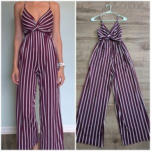 Shinestar Burgundy and White Striped Jumpsuit
